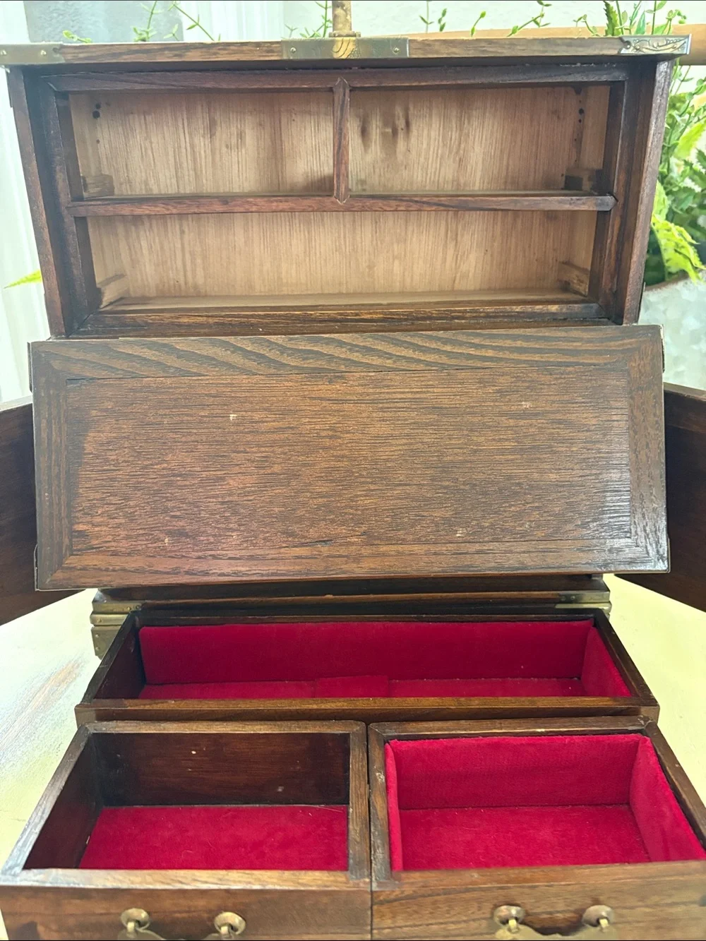 Vintage 1960’s Korean Tansu Jewelry Box Wood and Brass Chest with Drawers EUC